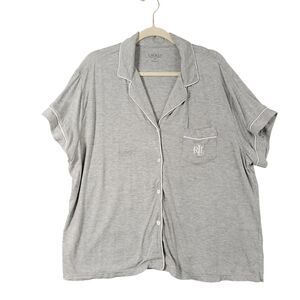 LAUREN RALPH LAUREN Womens Gray Embroidered Pajama Top White Piping SIZE 2X